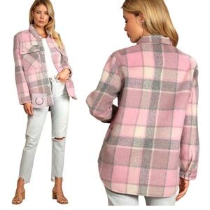 Blank NYC Cabin Fever Pink Multi Plaid Wool Blend Shacket Size Medium
